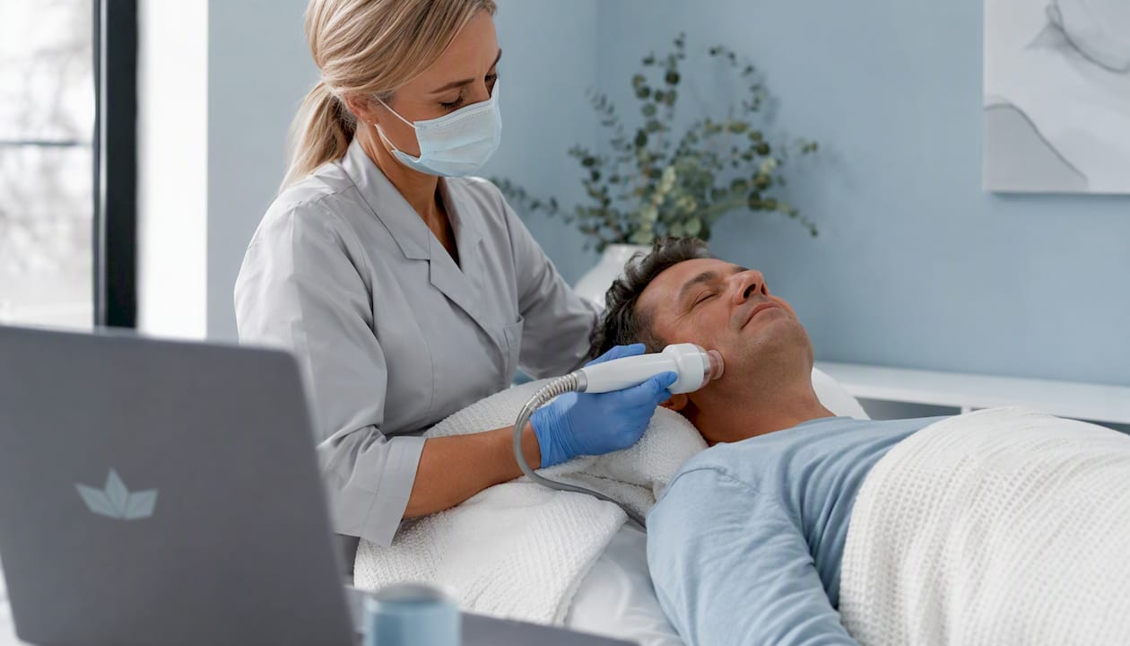 Clinician performing ultrasound skin tightening on male patient