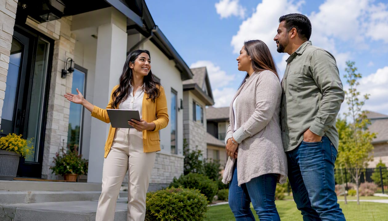 Agent showing modern home to couple