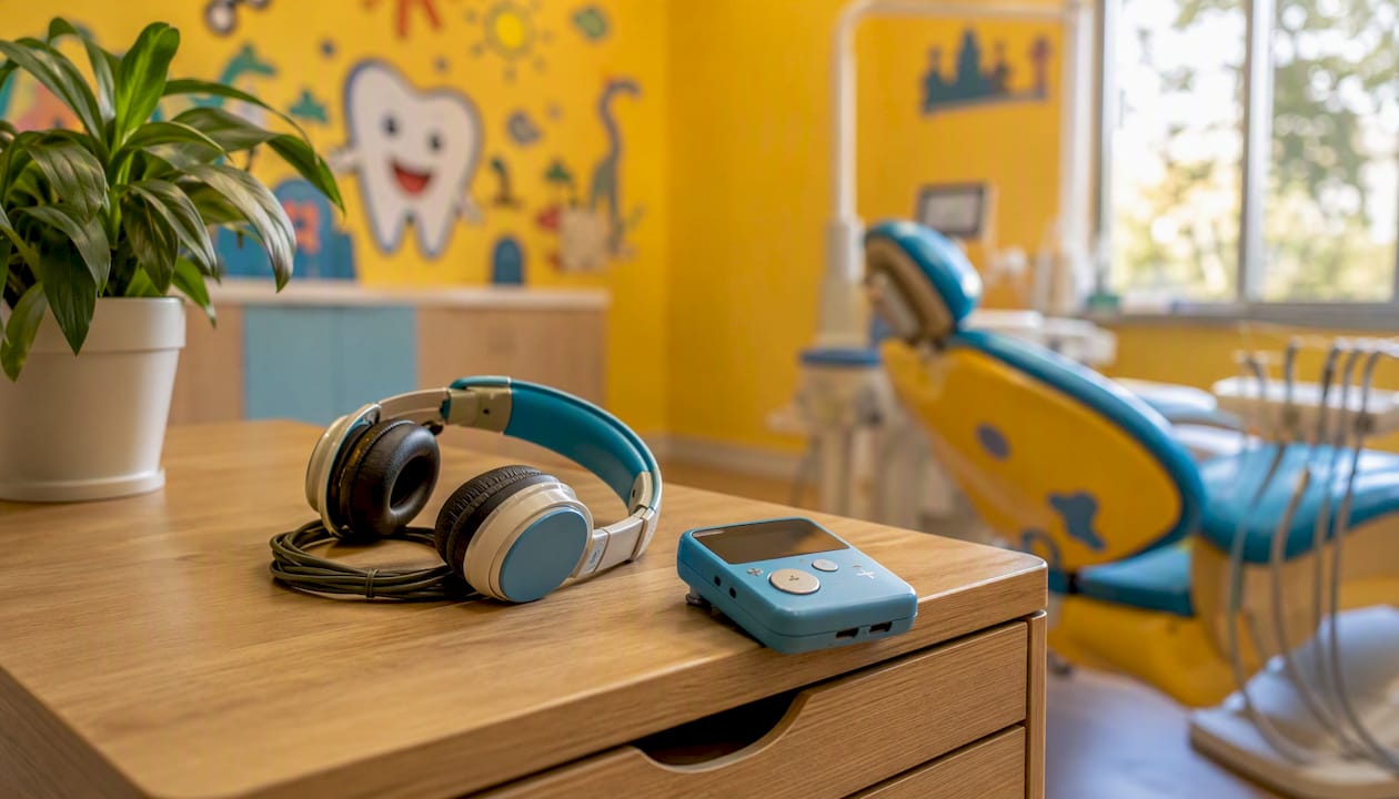 Sanitized headphones on dental tray for distraction