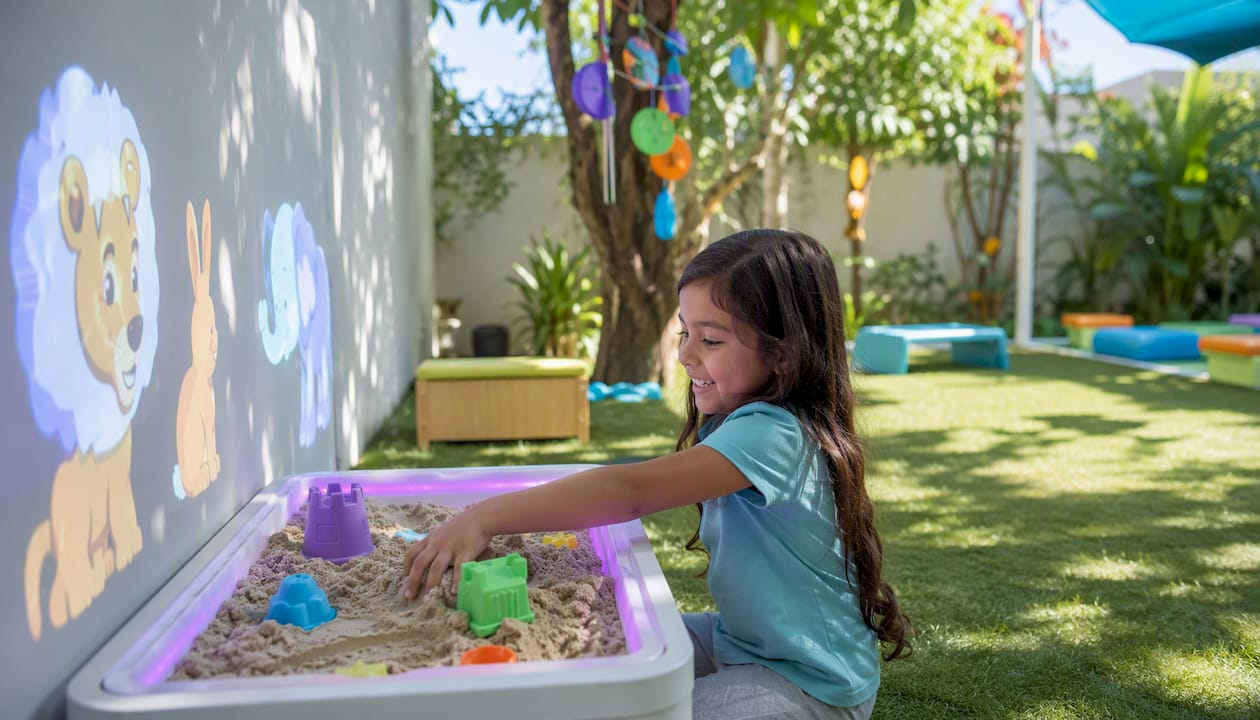 Child engaging with multi-sensory dental distraction station