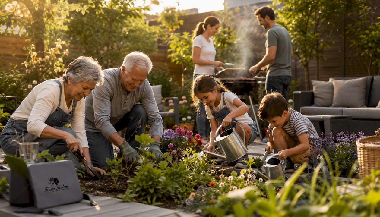 Multigenerational family gardening outside
