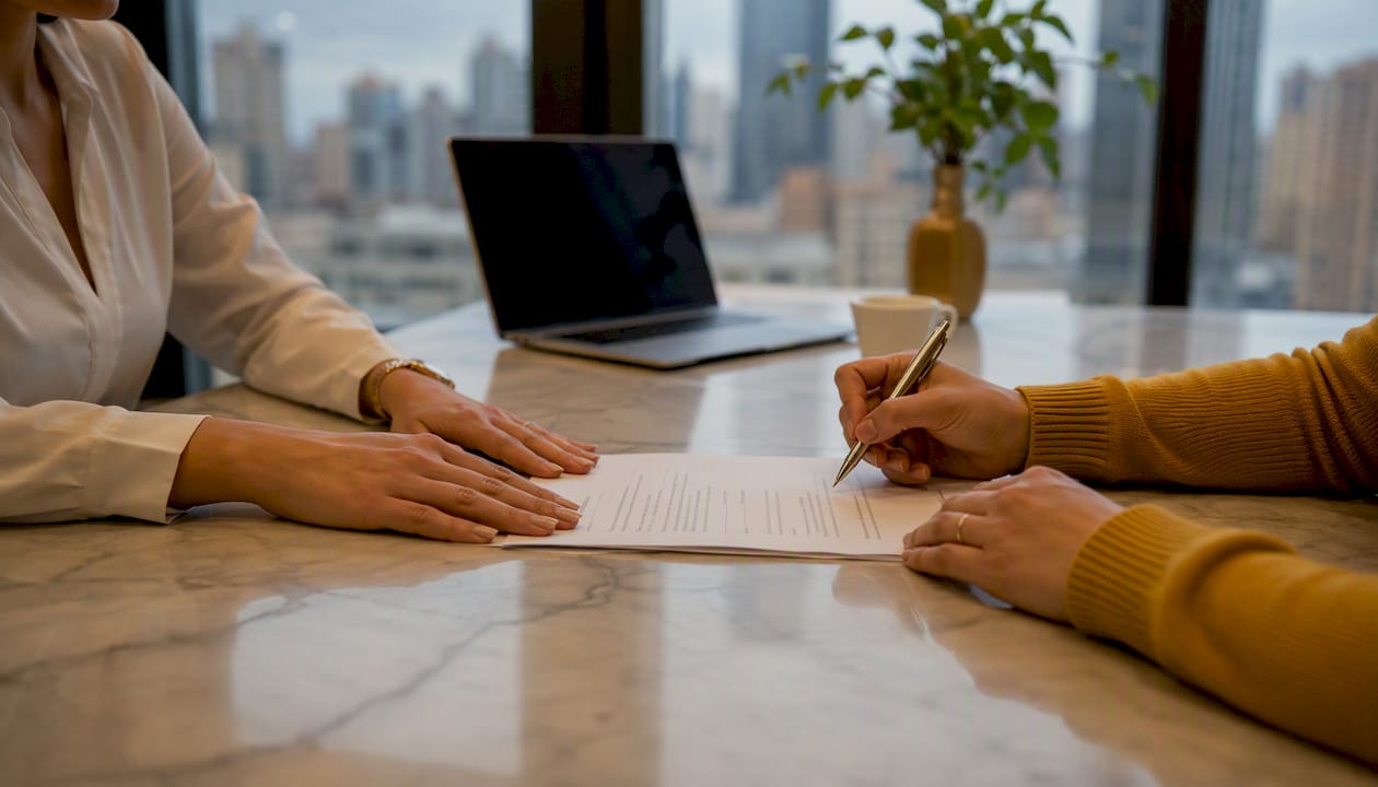 Hands exchanging real estate contracts