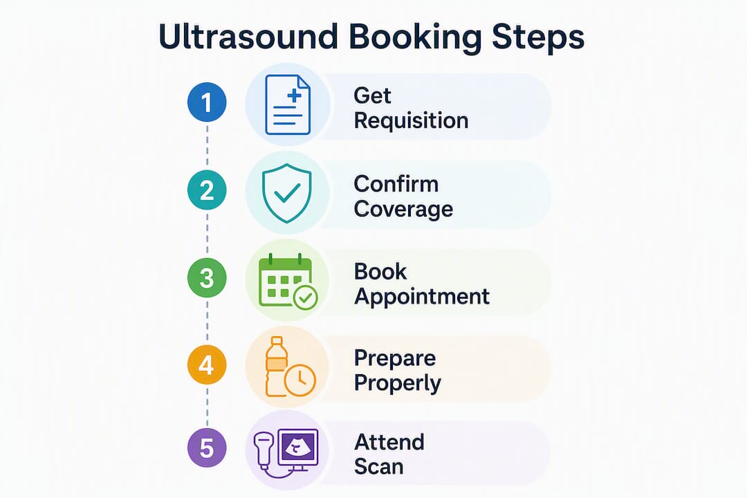 Infographic showing steps to book and prepare for ultrasound