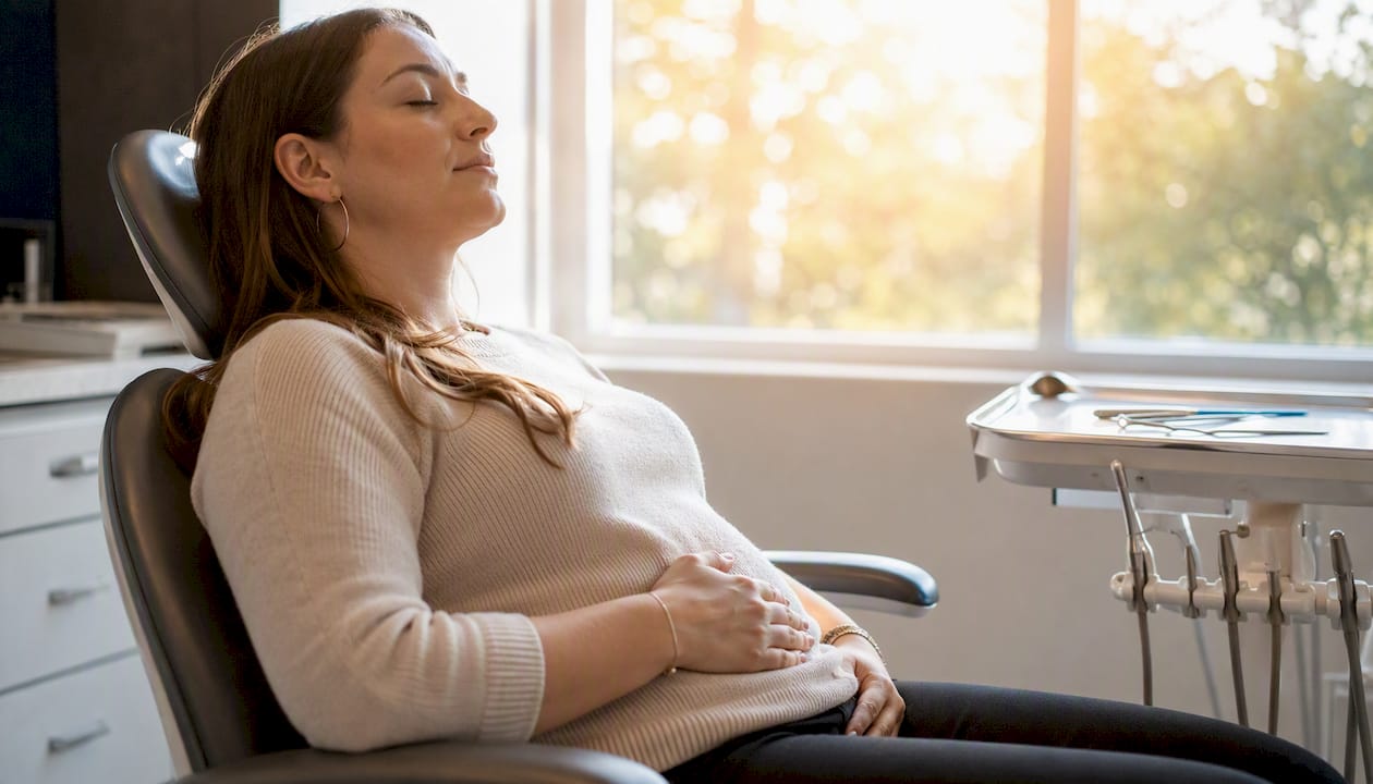 Patient practicing box breathing in dental chair