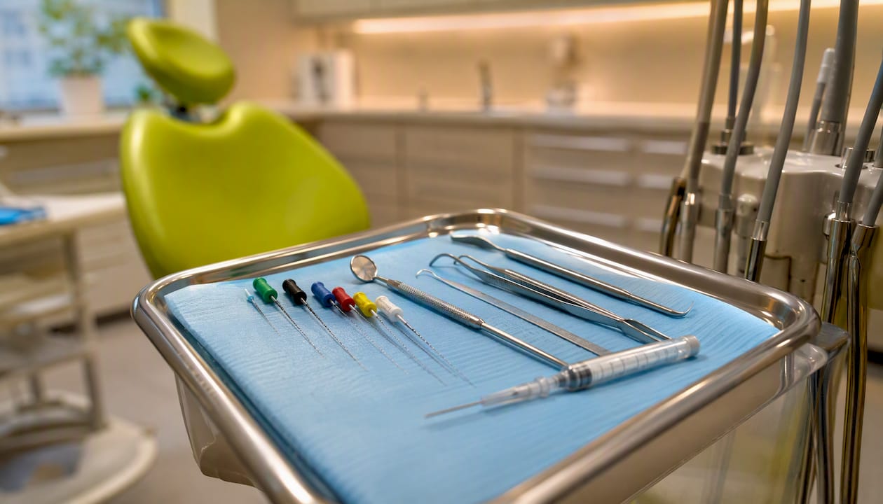 Close-up of root canal dental instruments