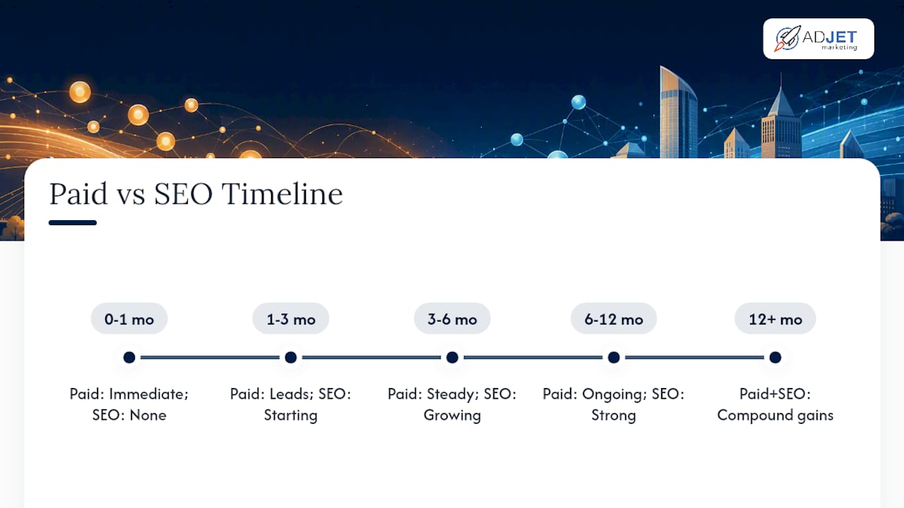 Comparison timeline of paid search and SEO performance