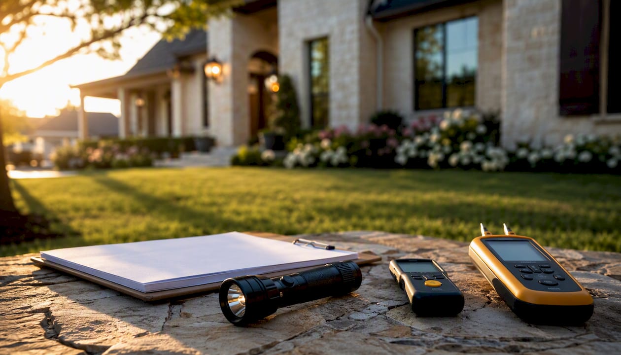 Home inspection tools by house exterior