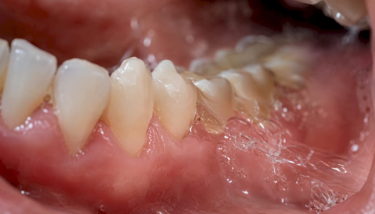 Inside mouth with antibacterial rinse swirling