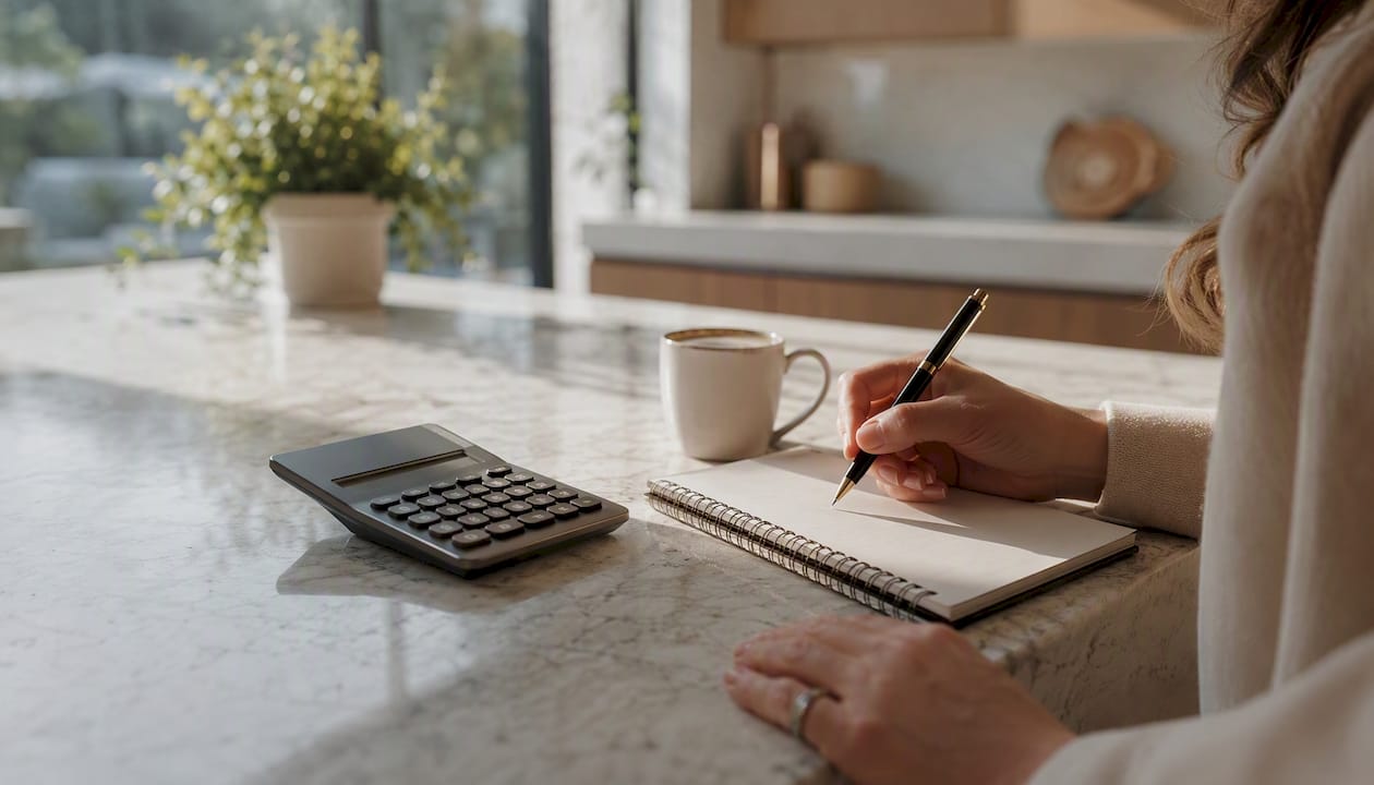 Calculating closing costs with calculator and notebook