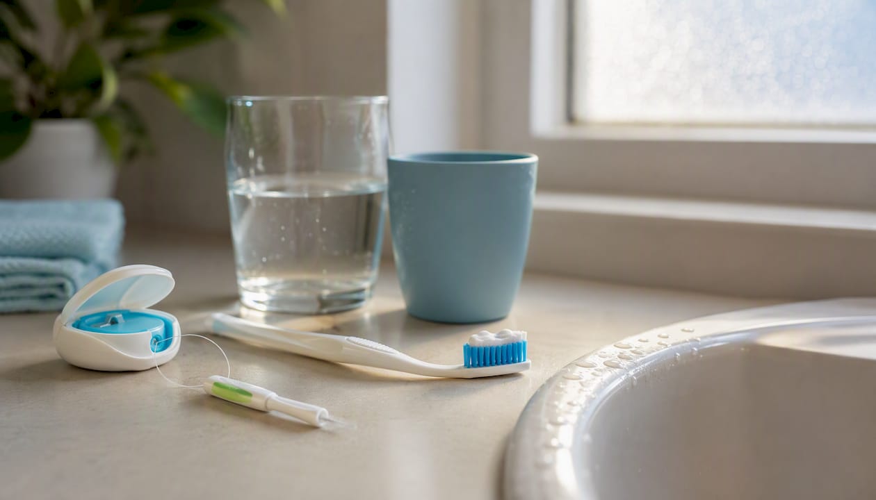 Oral hygiene tools on bathroom counter