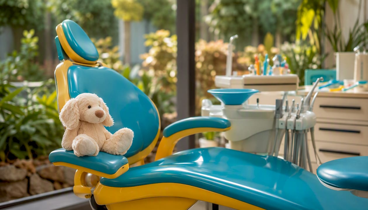 Child-sized colorful dental chair with toy