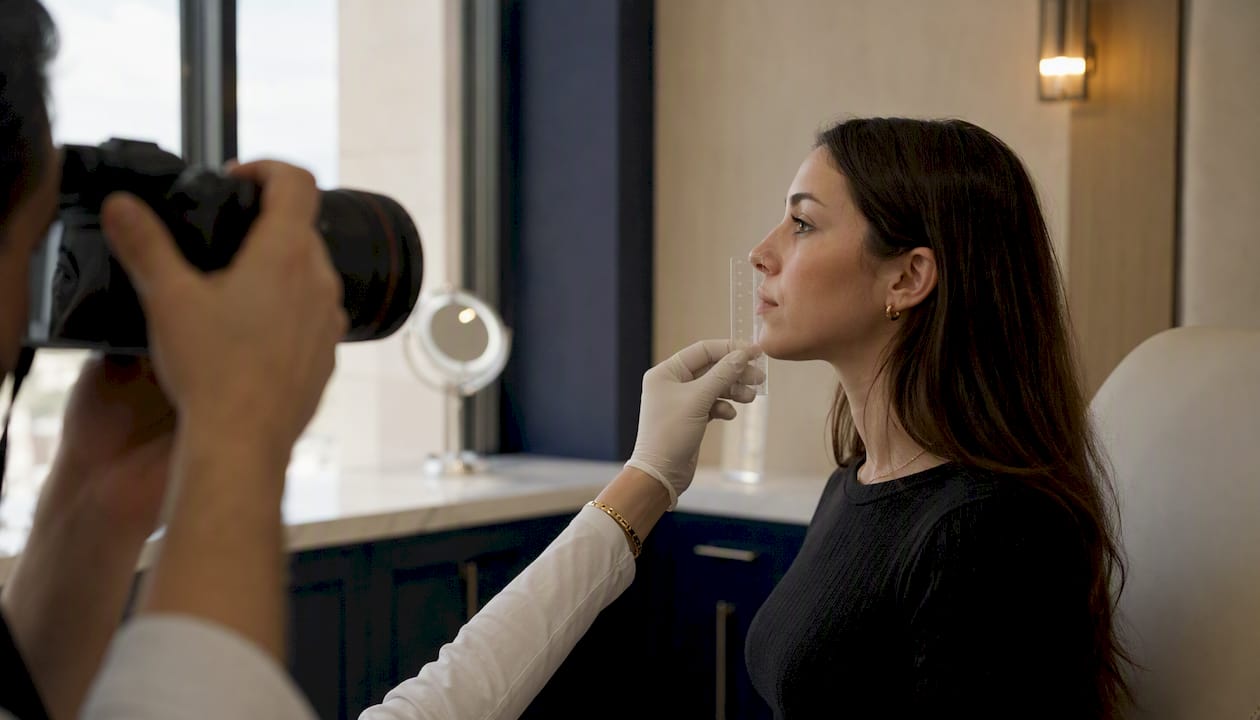 Clinician measuring side profile of patient face