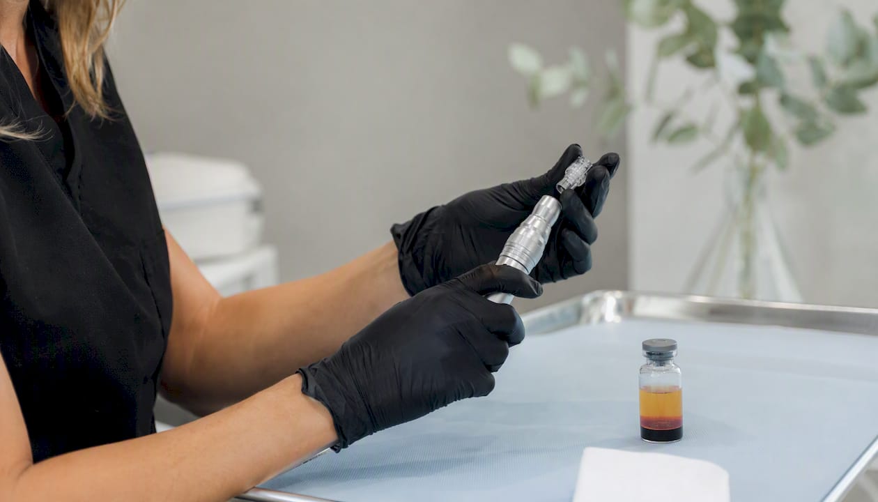 Hands preparing microneedling with PRP vial