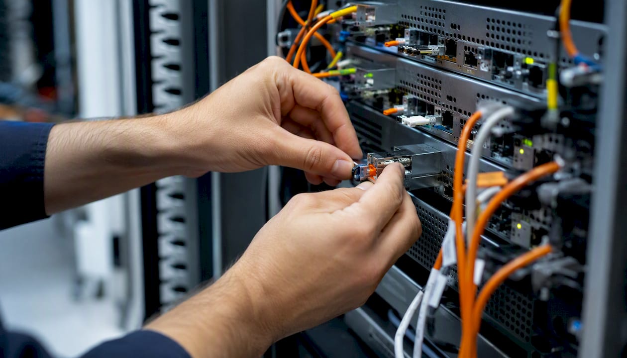 Hands connecting privacy-compliant server hardware