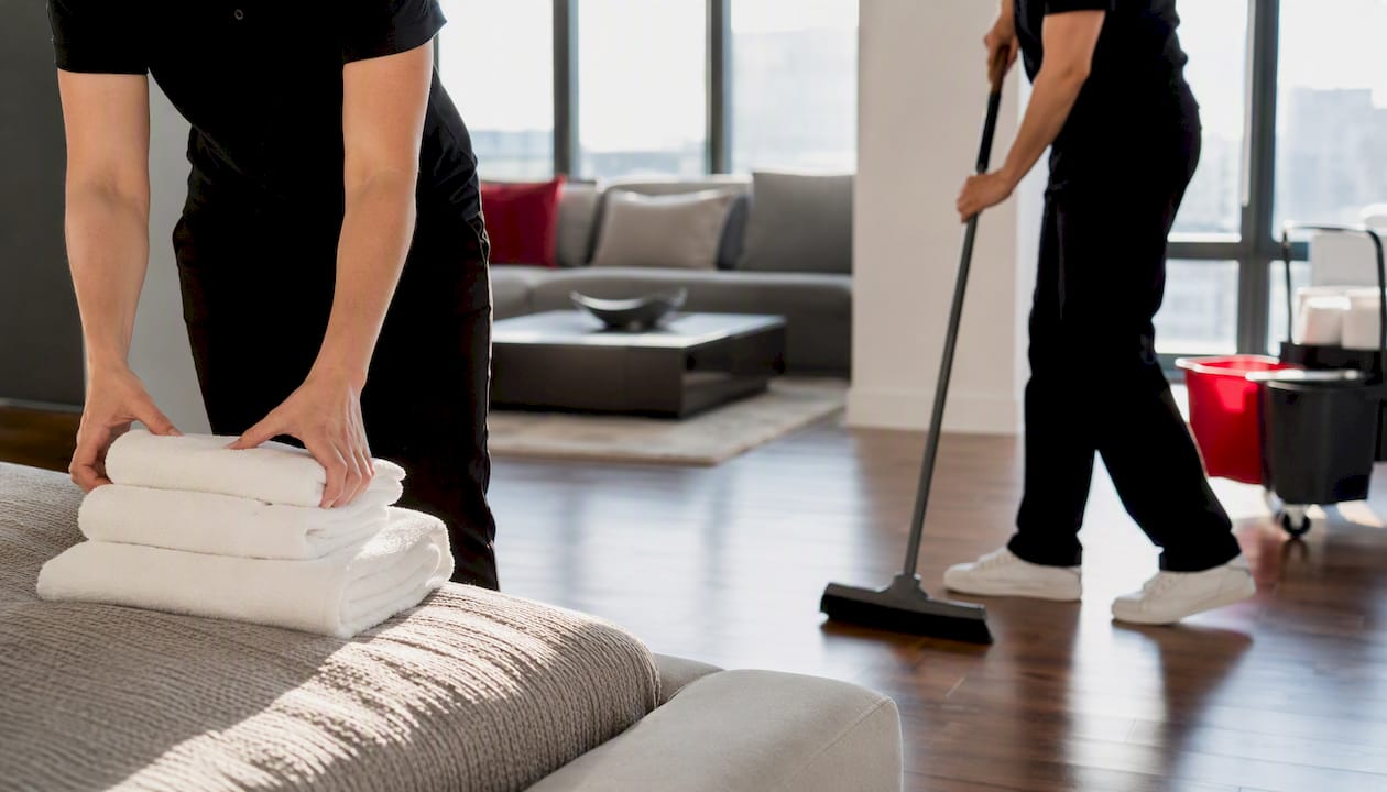 Cleaning crew preparing resort condo