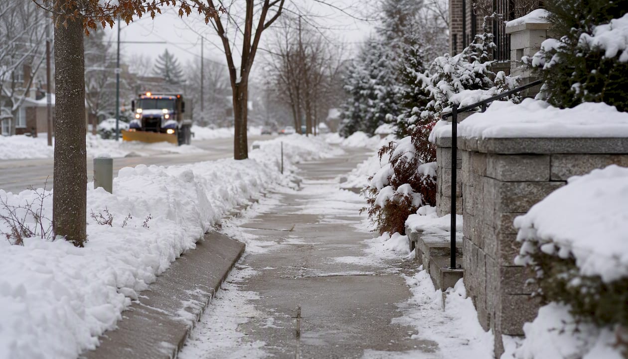Winter snow-covered sidewalk with clearing effort
