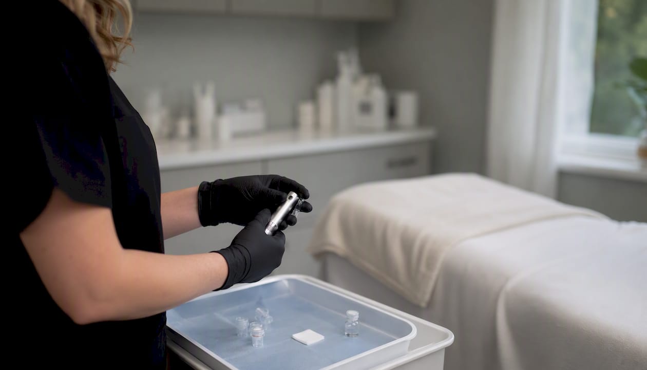 Hands preparing microneedling device