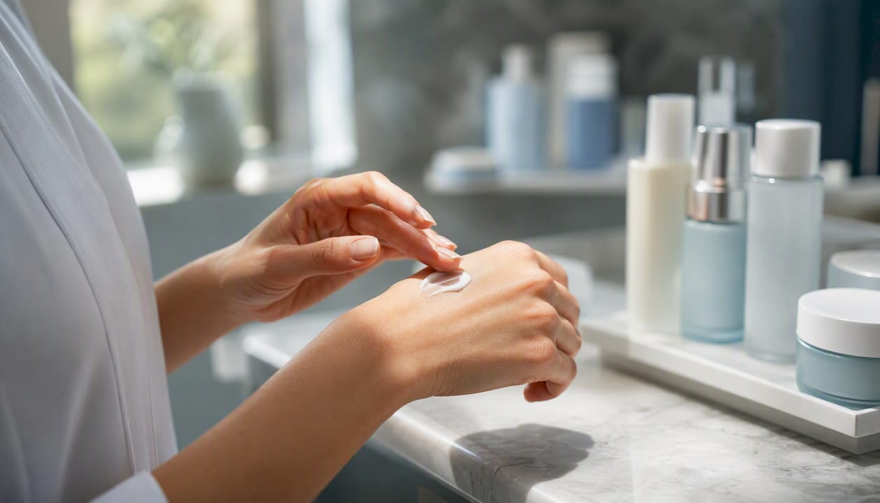 Hands dispensing skincare cream for pigmentation