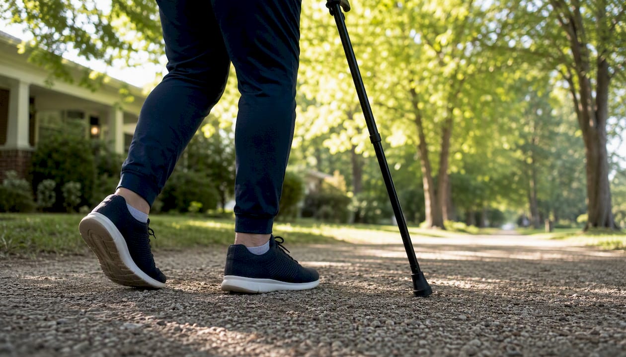 Adult walking with a walking aid outdoors