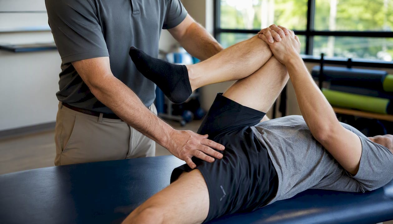Physical therapist assisting spinal flexion exercise