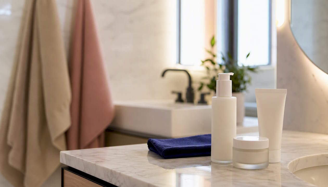 Gentle skincare products on vanity