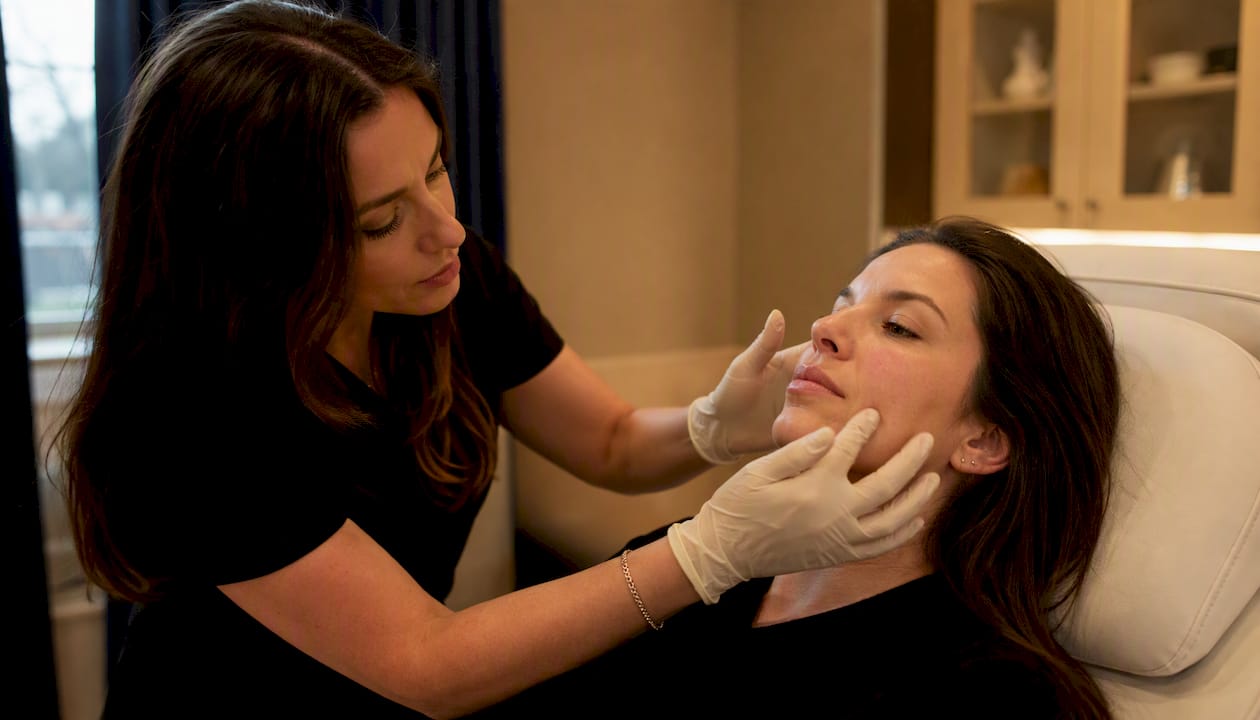 Nurse examining cheek skin