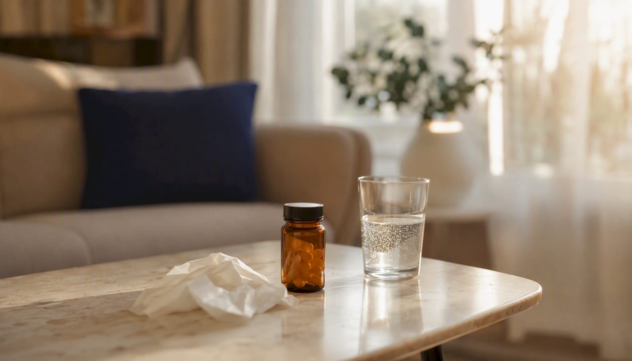 Antiviral medication and water on tray