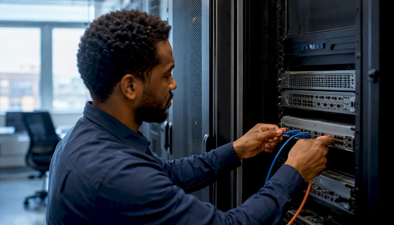 Hands connecting server cables in healthcare IT room