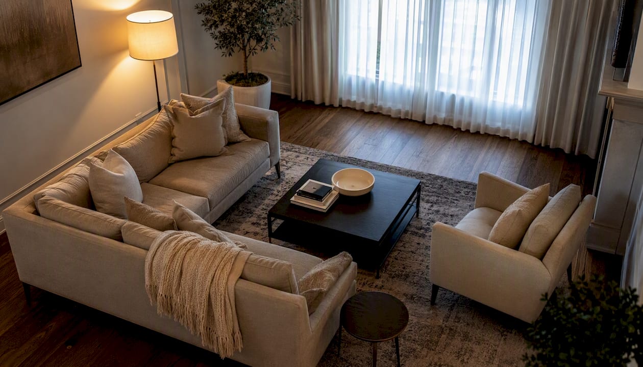 Living room with staged furniture and warm lighting