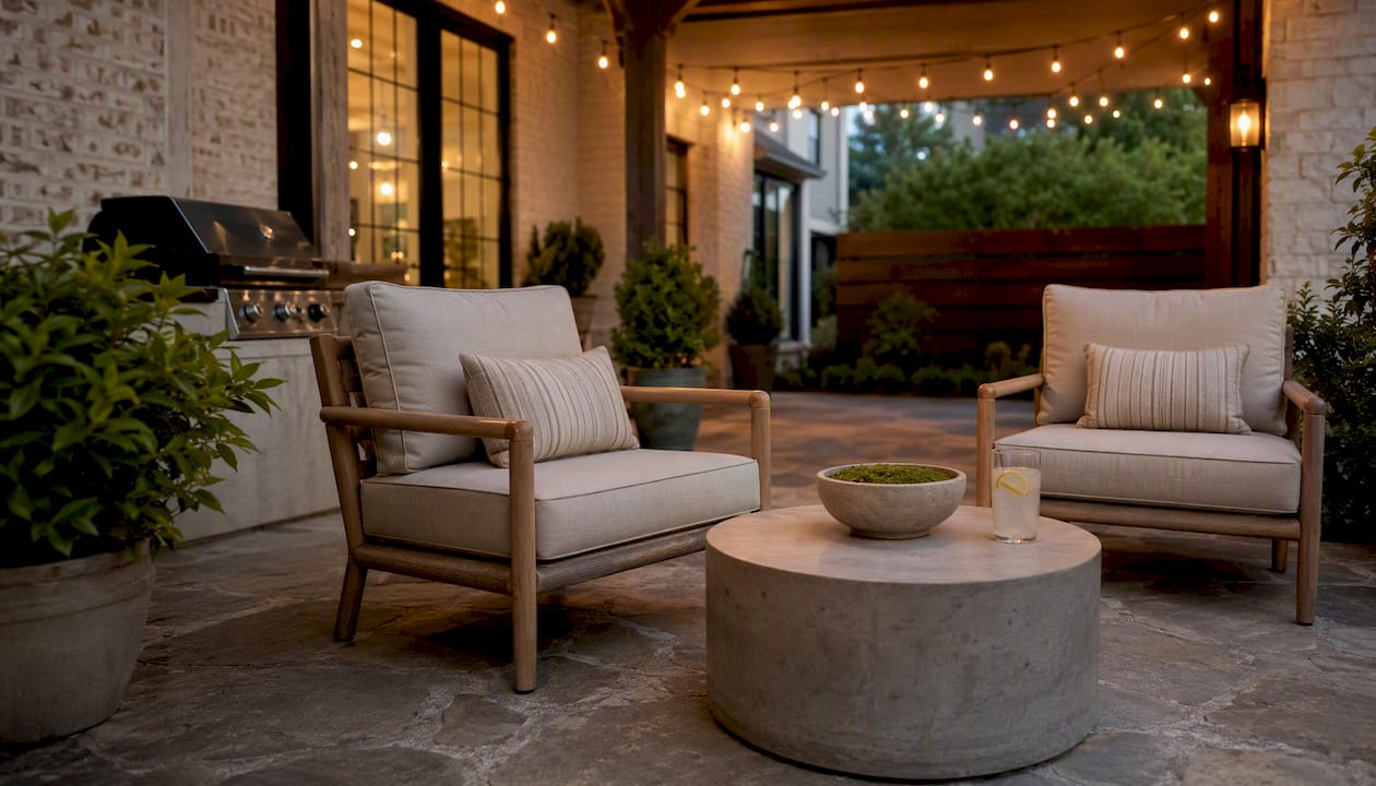Staged covered patio with chairs and side table