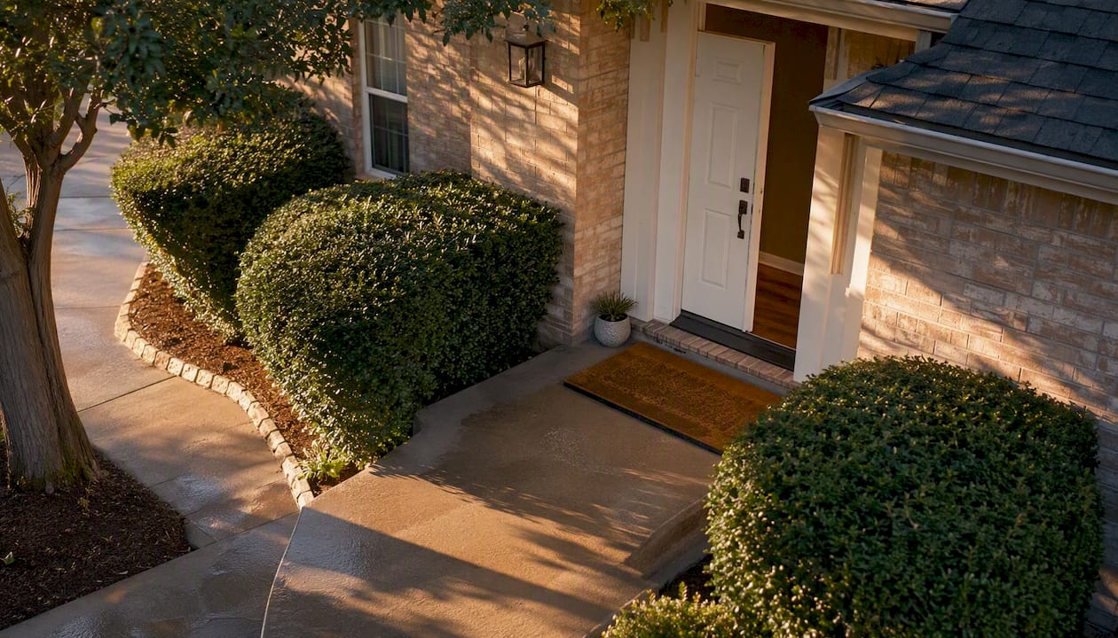 Staged fresh entry with clean door and shrubs