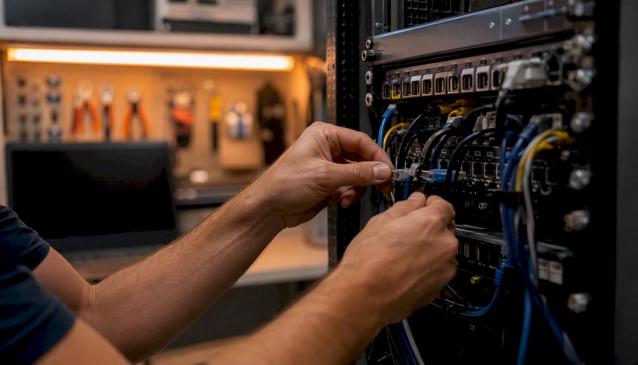 Hands connecting call tracking cables in clinic IT room