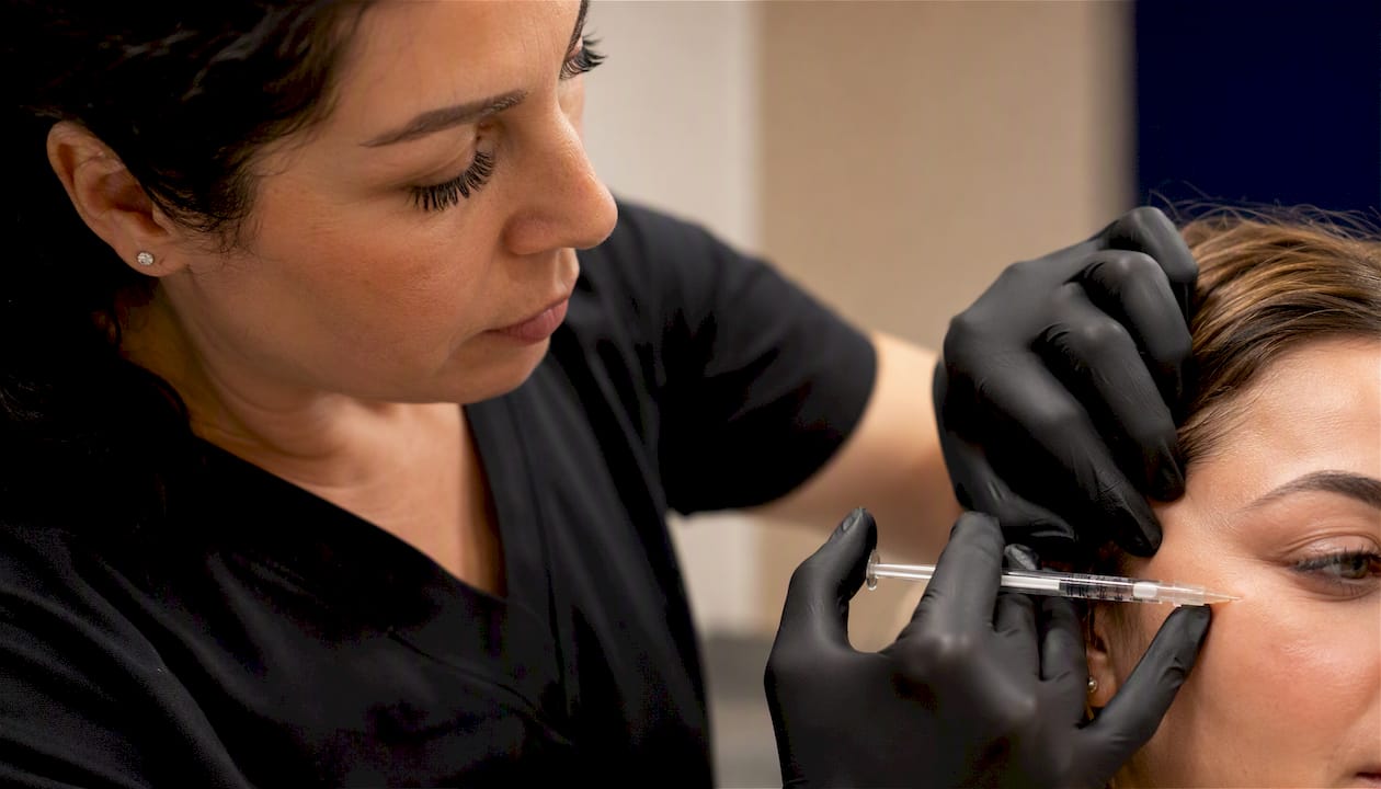 Nurse injecting tear-trough filler near under eye