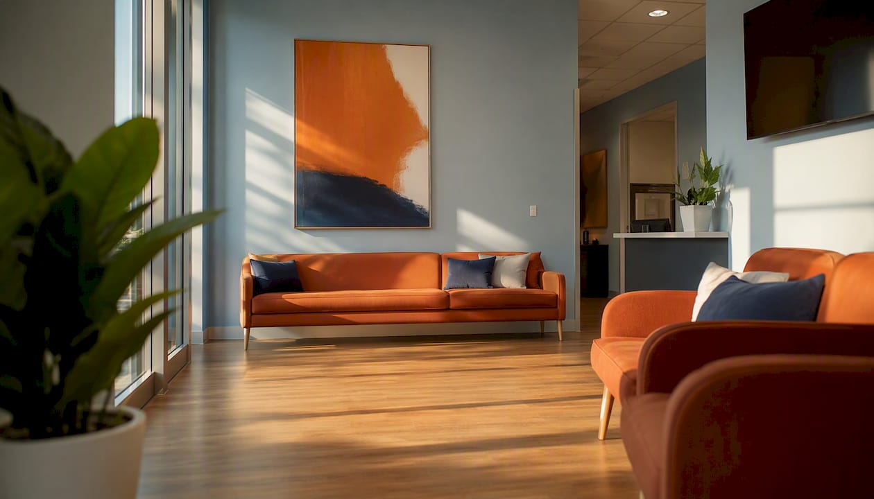 Modern clinic waiting room with orange seats