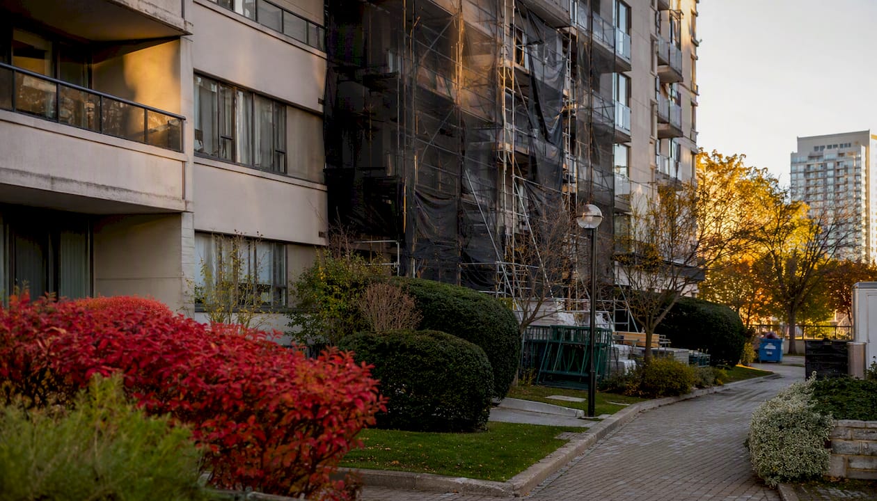 Condo building exterior with maintenance scaffolding