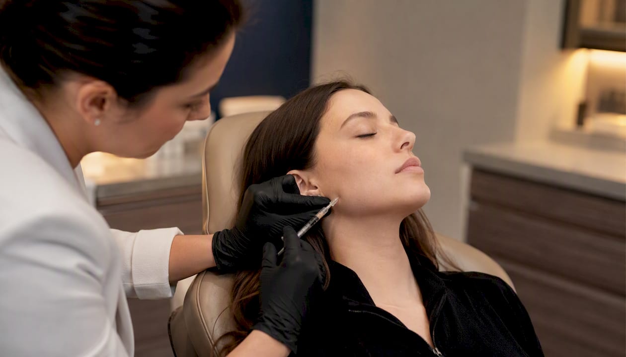 Nurse injecting neuromodulator into jaw muscle