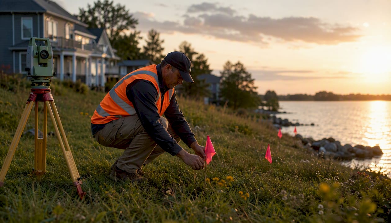 Survey boundary flags on waterfront property