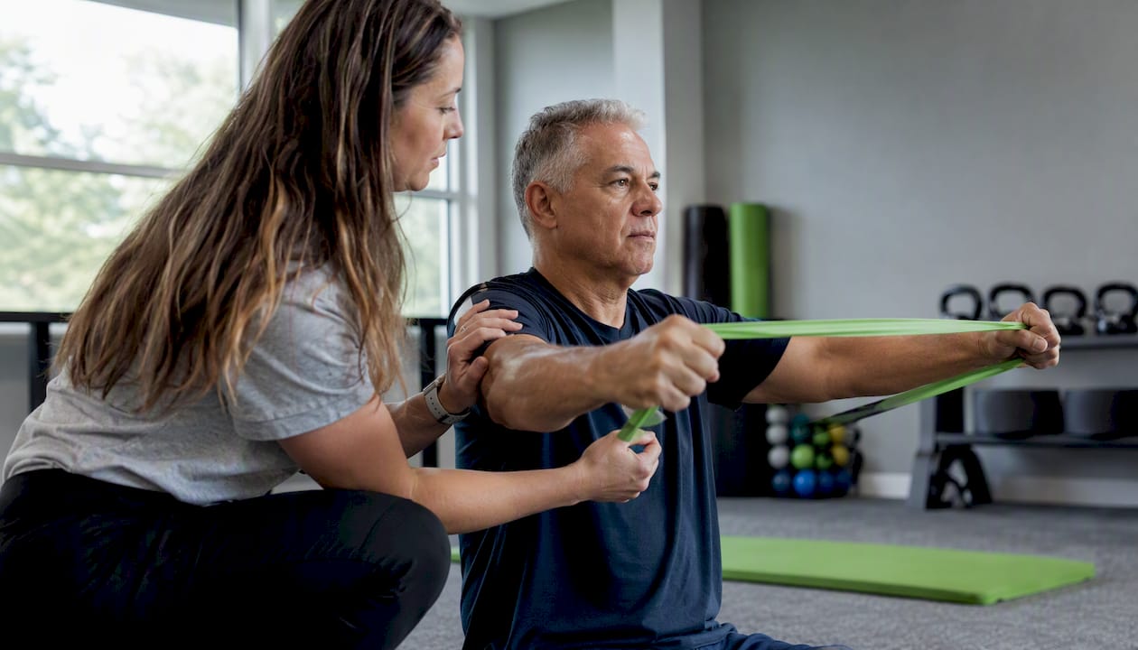 Therapist aiding arm resistance band exercise