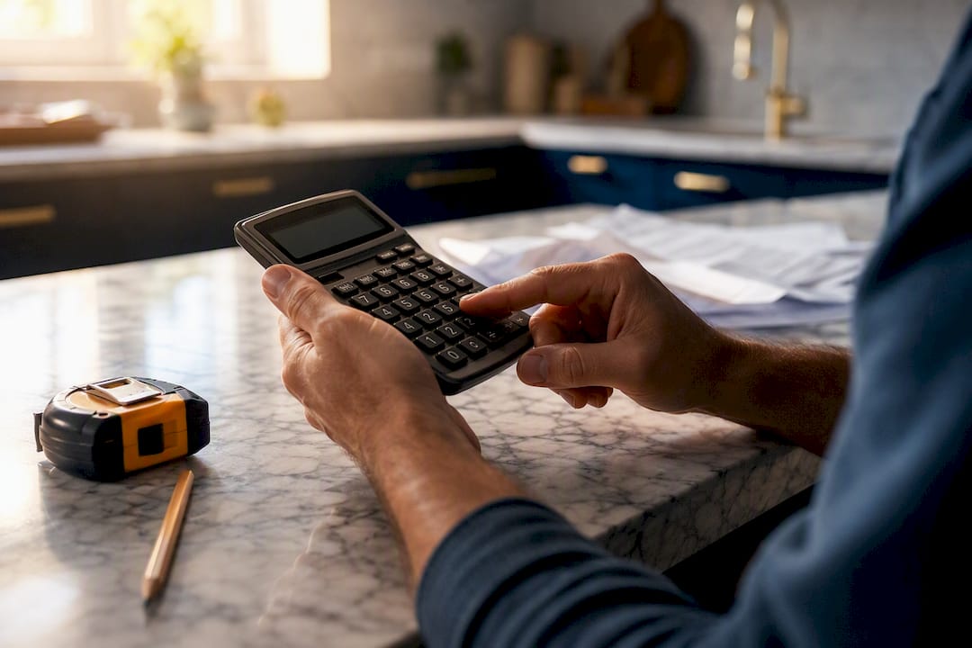 Contractor hands using calculator for budget