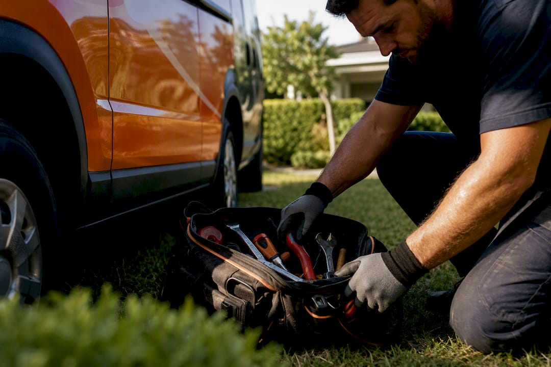 Contractor arranging plumbing tools in service bag