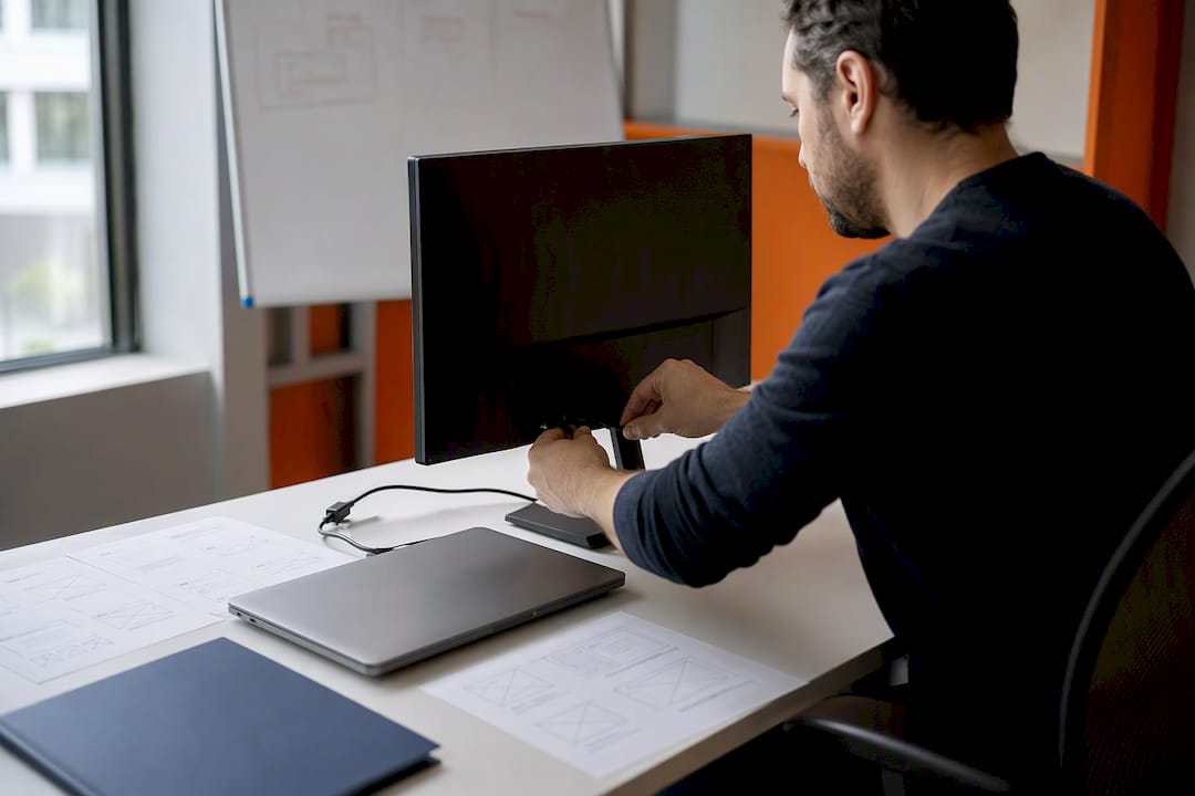 Hands setting up clinic referral marketing technical tools
