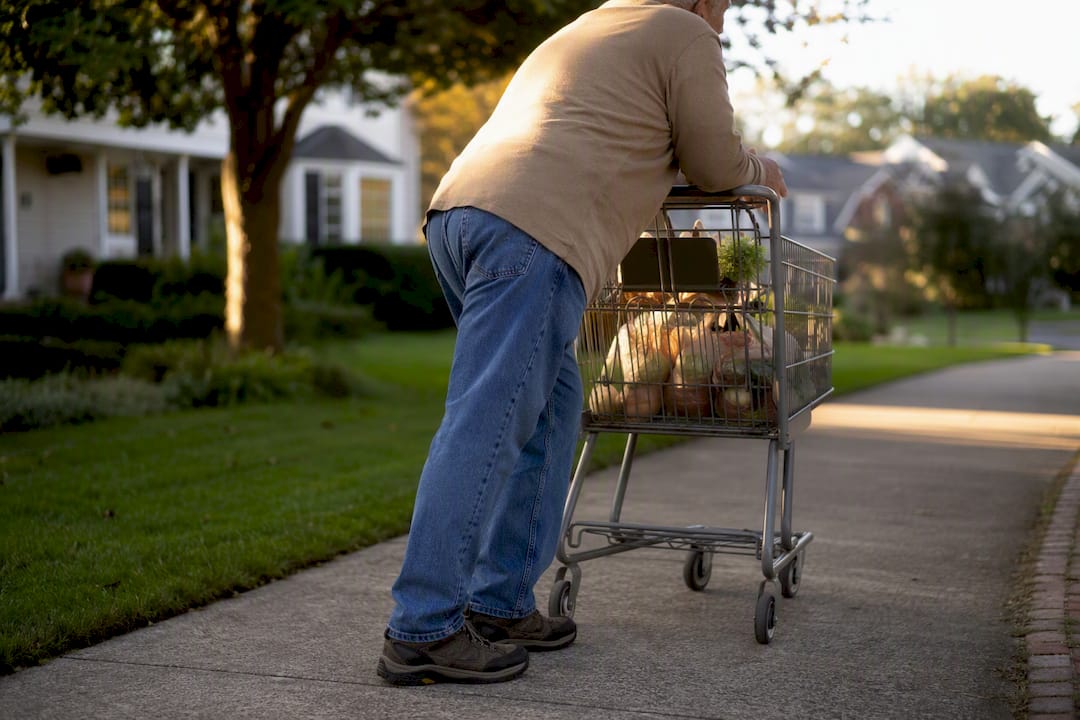 Adult leaning on shopping cart for back relief