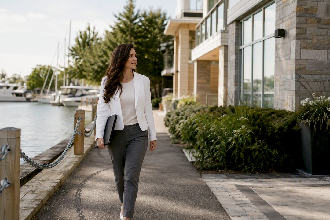 Two agents approaching residential building separately