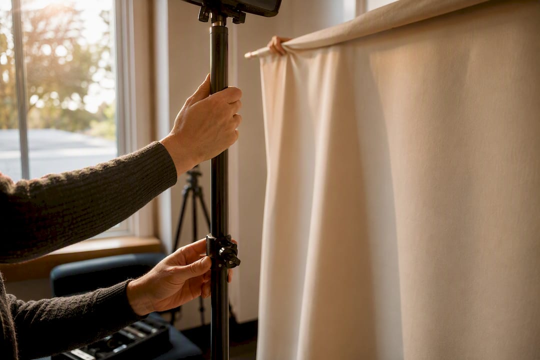 Hands setting up patient story video backdrop