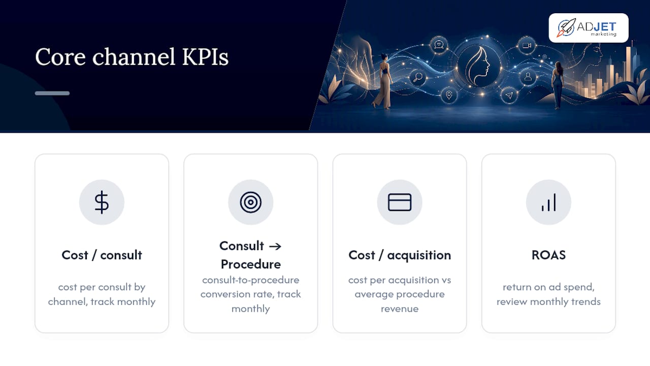 Diagram illustrating plastic surgery marketing channel KPIs