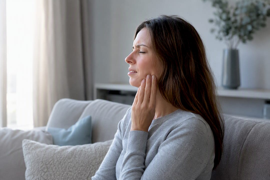 Woman touching sore jaw muscle