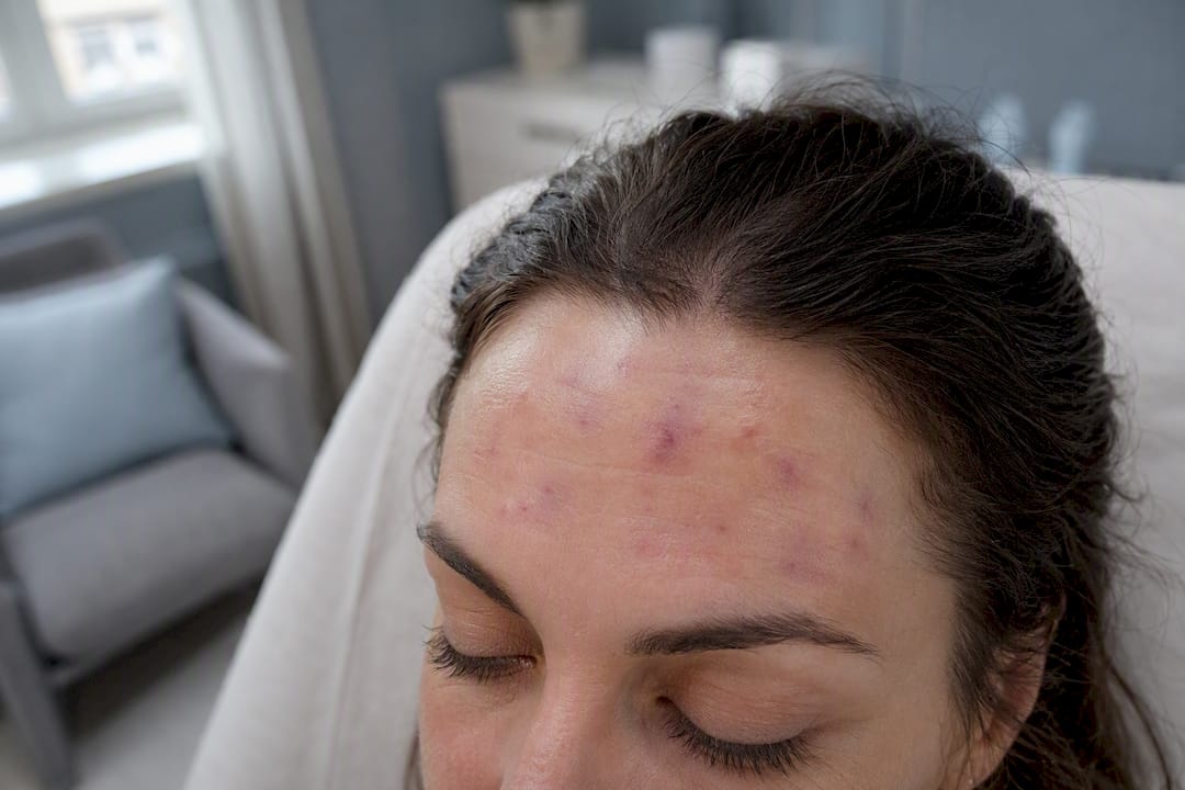 Forehead injection site mild bruising and redness
