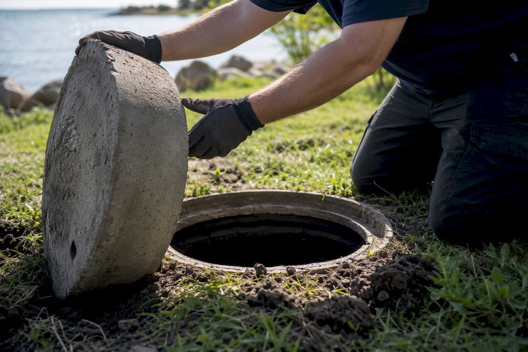 Septic tank lid being opened for inspection