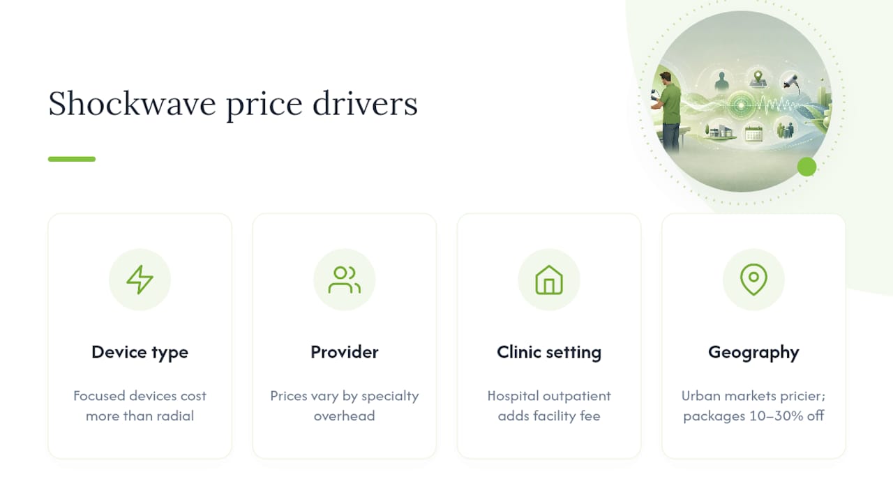 What Drives Shockwave Therapy Session Prices Up or Down — overview diagram
