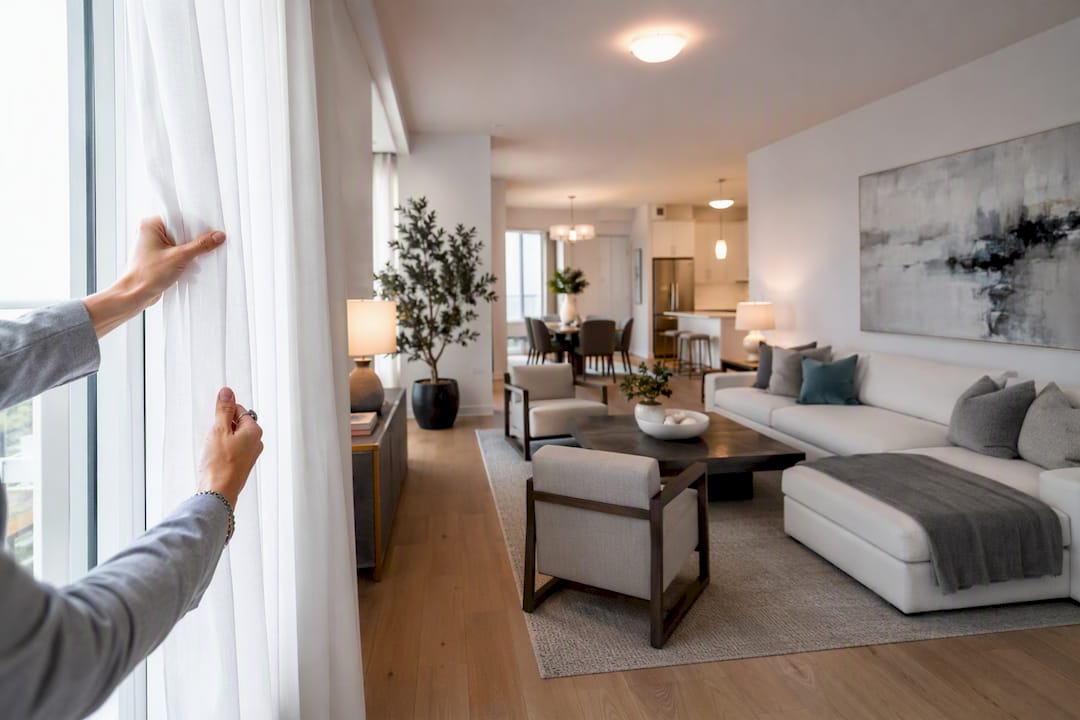 Agent adjusting curtains in staged condo
